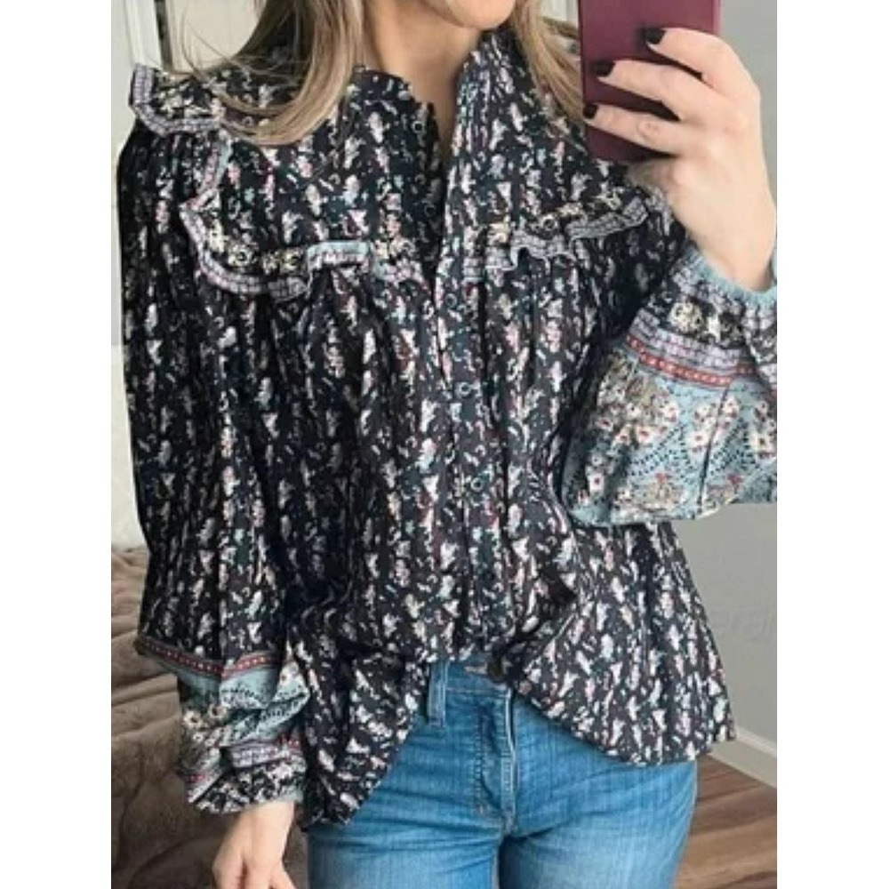 JOIE Women Navy Blue Floral Cotton Ruffle Blouse Top 124928 Size M